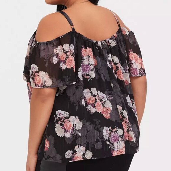 TORRID 2 Plus Size Black Floral Lurex Cold Shoulder Top Pink Floral Short Sleeve - Picture 3 of 16